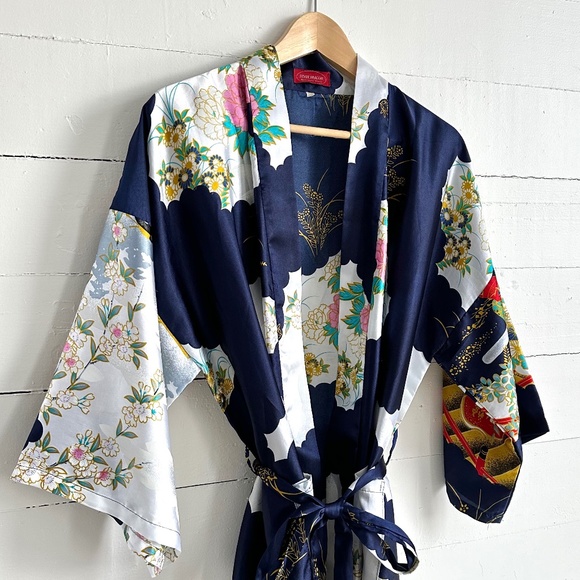 Vintage Robe Long Geisha Kimono Silver Dragon Blue De Oriental Small Medium - Picture 1 of 16